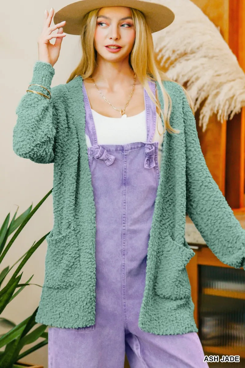 Zenana Long Sleeve Popcorn Sweater Cardigan with Pockets West2East Surf