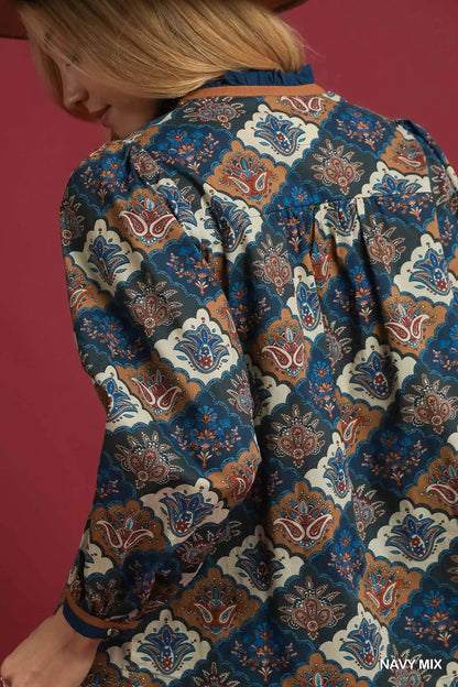 Umgee Abstract Print Ruffle Neck Top West2East Surf
