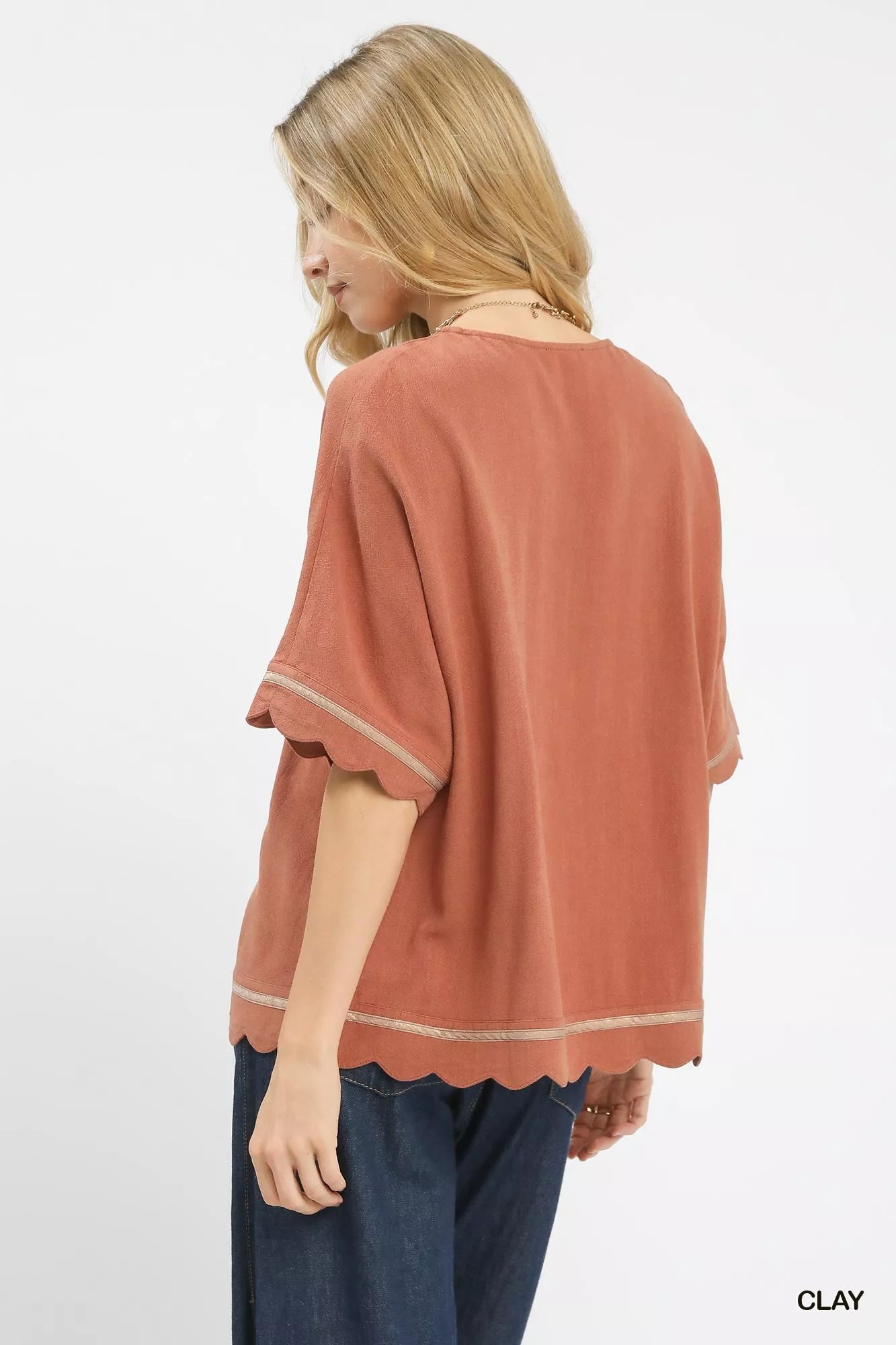 Umgee Linen Blend Scallop Trim Top FitiqueFit