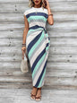 Elegant Waist Strap Striped Round Neck Short Sleeve And Long Pattern Dress Grayceful LLC