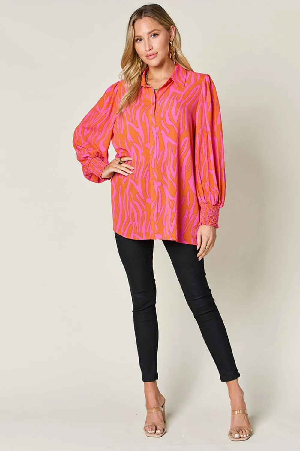 Double Take Full Size Printed Smocked Long Sleeve Blouse Plus Size New Era Fashion LLc