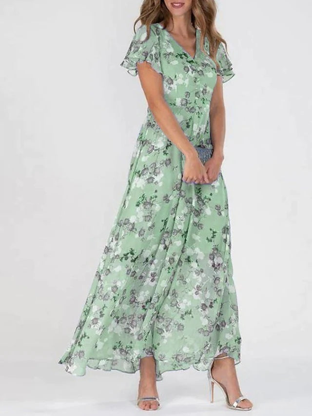 Flowers Print Short Sleeve Dress Summer Fashion Ruffle Beach Dresses Women's Clothing Grayceful LLC