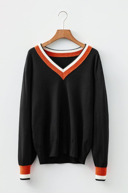 Varsity Stripe Contrast Trim V-Neck Sweater Shop Style & More | Fresh Looks, Everyday Deals & Free Shipping