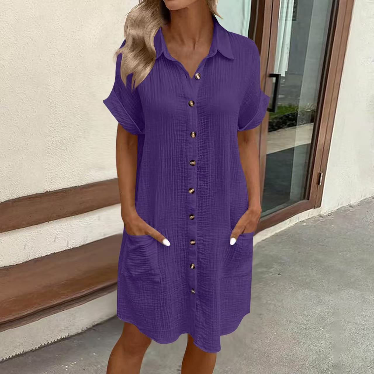 Women's Casual Loose Short-Sleeve Midi Shirt Dress – Button-Down FitiqueFit