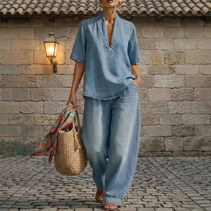 Retro V-Neck Washed Denim Top & Wide-Leg Pants Set – 3 Colors, S–3XL FitiqueFit