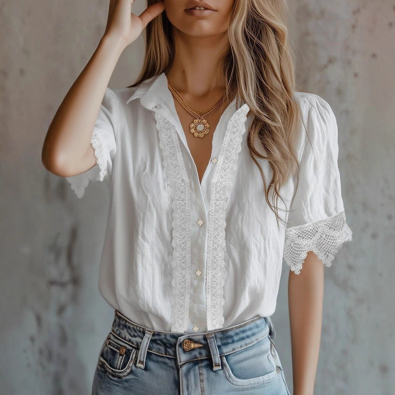 Women’s Lace Puff Sleeve Loose Fit Top FitiqueFit