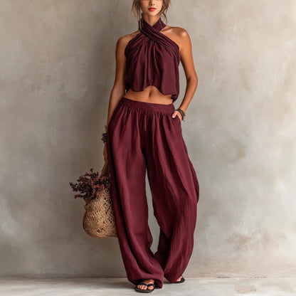 Women's Loose Sleeveless Top & Wide-Leg Pants Set – Linen Blend FitiqueFit