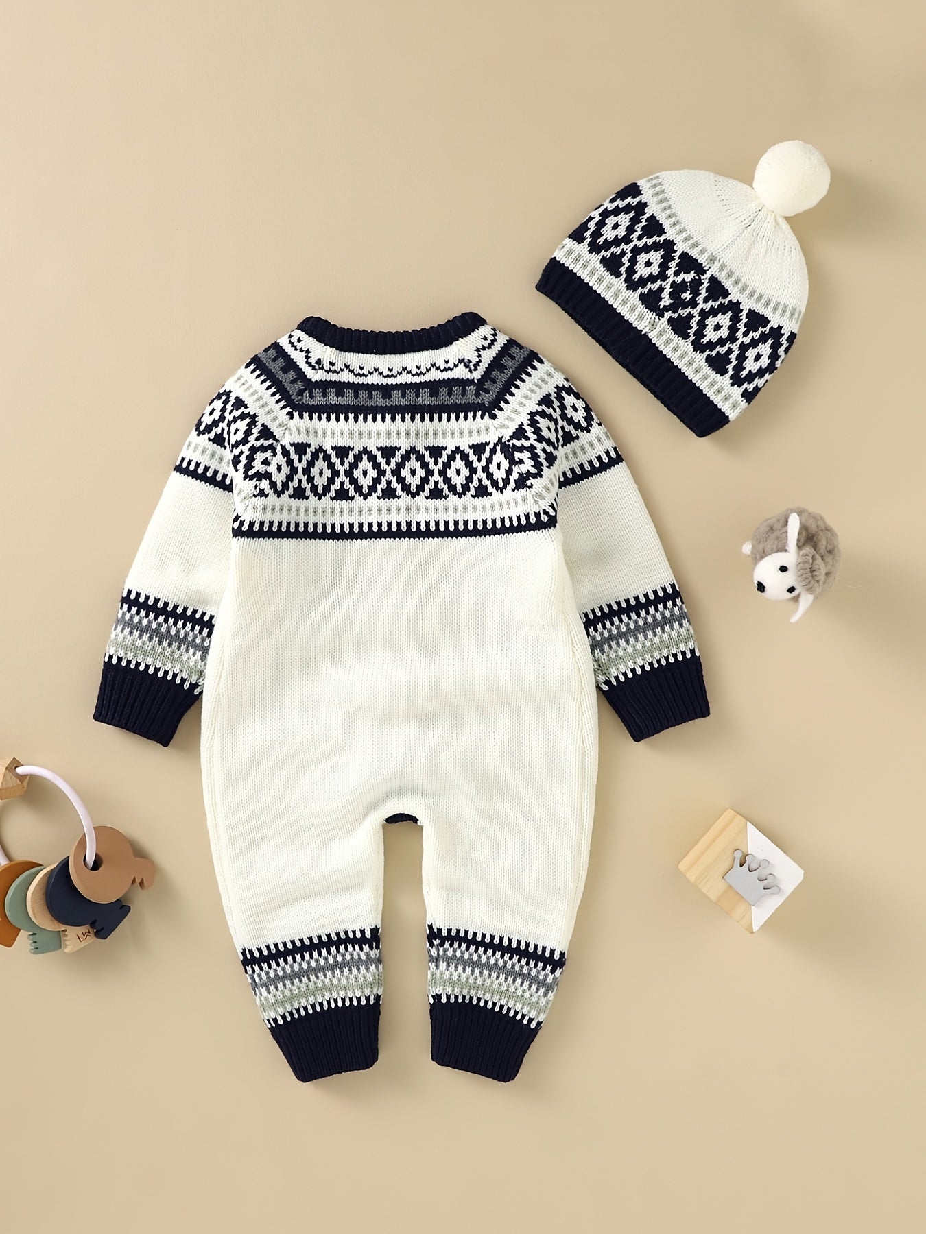 Newborn Infant Geometric Pattern Sweater Romper Long Sleeve Button Jumpsuit & Hat For Toddler Baby Boys And Girls, Suitable For Indoor And Outdoor Wear NovaCart