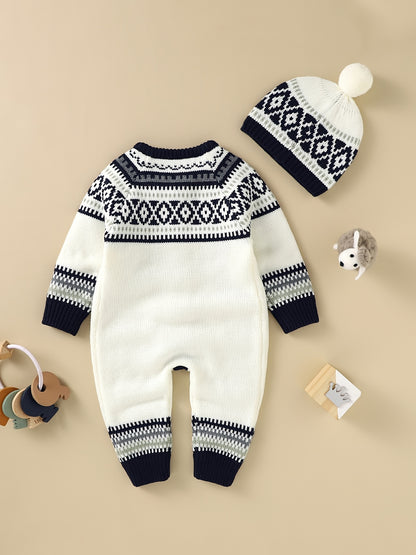 Newborn Infant Geometric Pattern Sweater Romper Long Sleeve Button Jumpsuit & Hat For Toddler Baby Boys And Girls, Suitable For Indoor And Outdoor Wear NovaCart