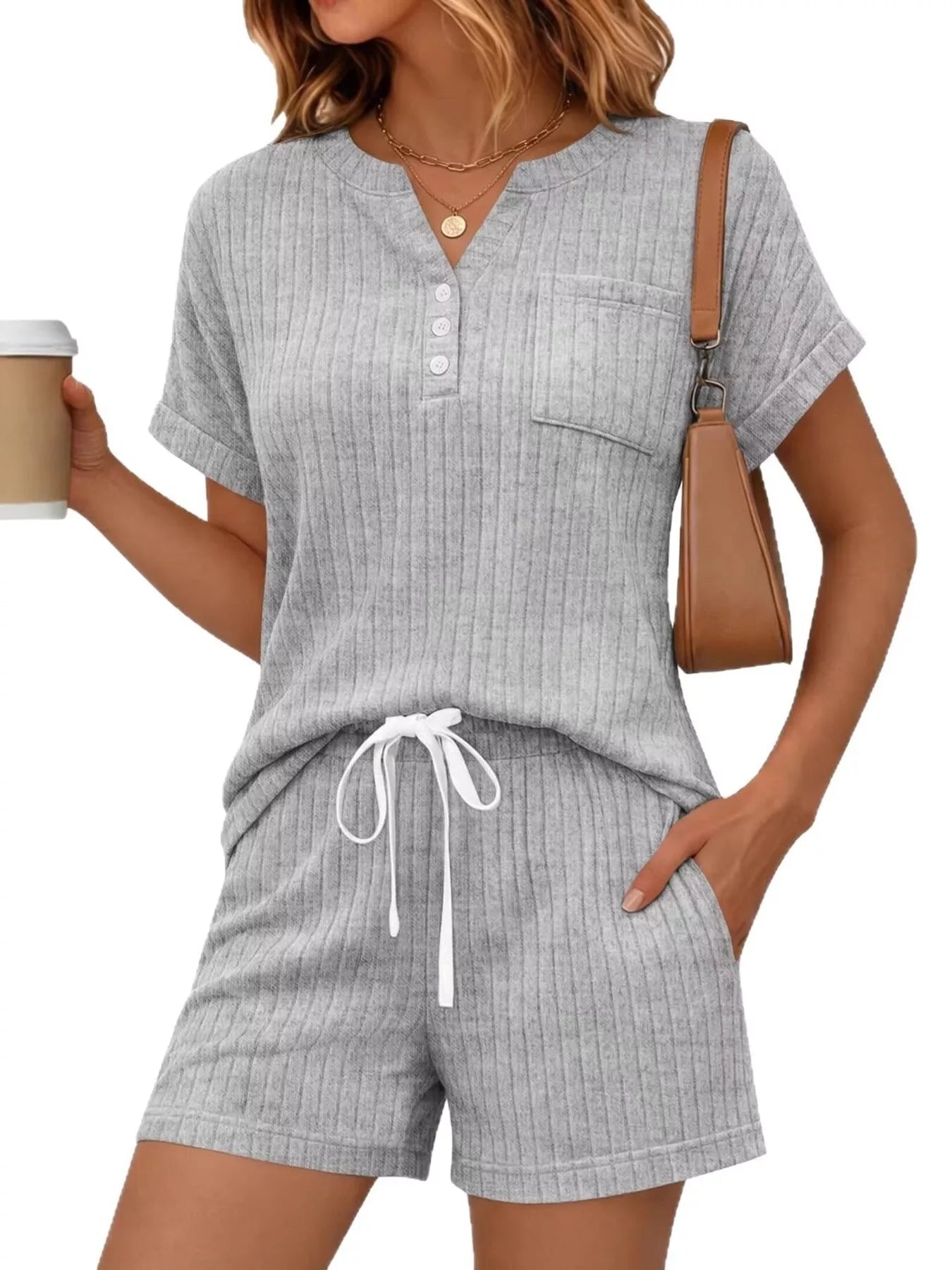 Casual Ribbed Knit Tee and Shorts Set New Era Fashion LLc