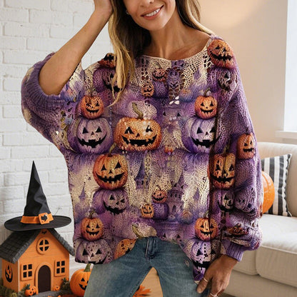 Women’s Hollow Out Batwing Top – Halloween Pumpkin Print Blouse FitiqueFit