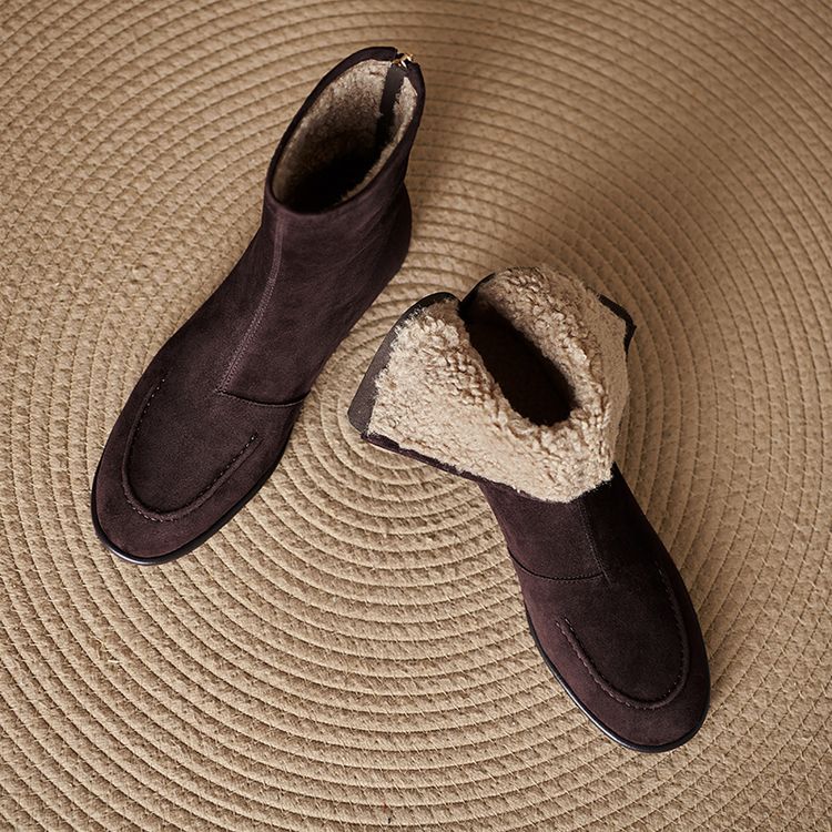 Women’s Fleece-Lined Ankle Boots – Round Toe Low Heel Winter Boots FitiqueFit
