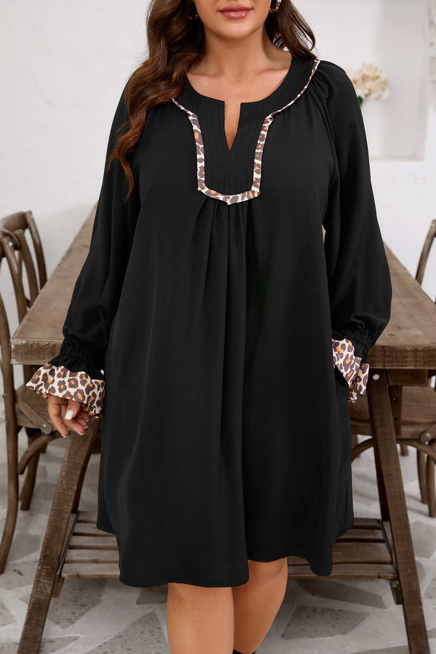 Black Plus Size Notched Neck Leopard Trim Flounce Long Sleeve Shift Dress Garden Naked Curves
