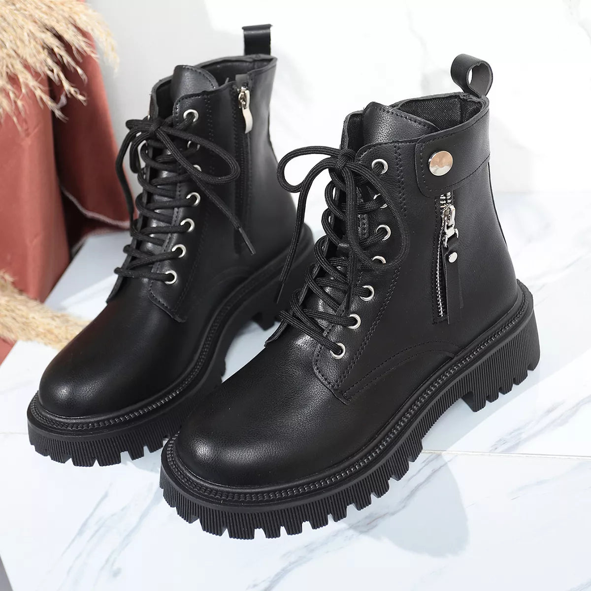 Round Toe Block Heels Boots with Mid-Heel Comfort FitiqueFit