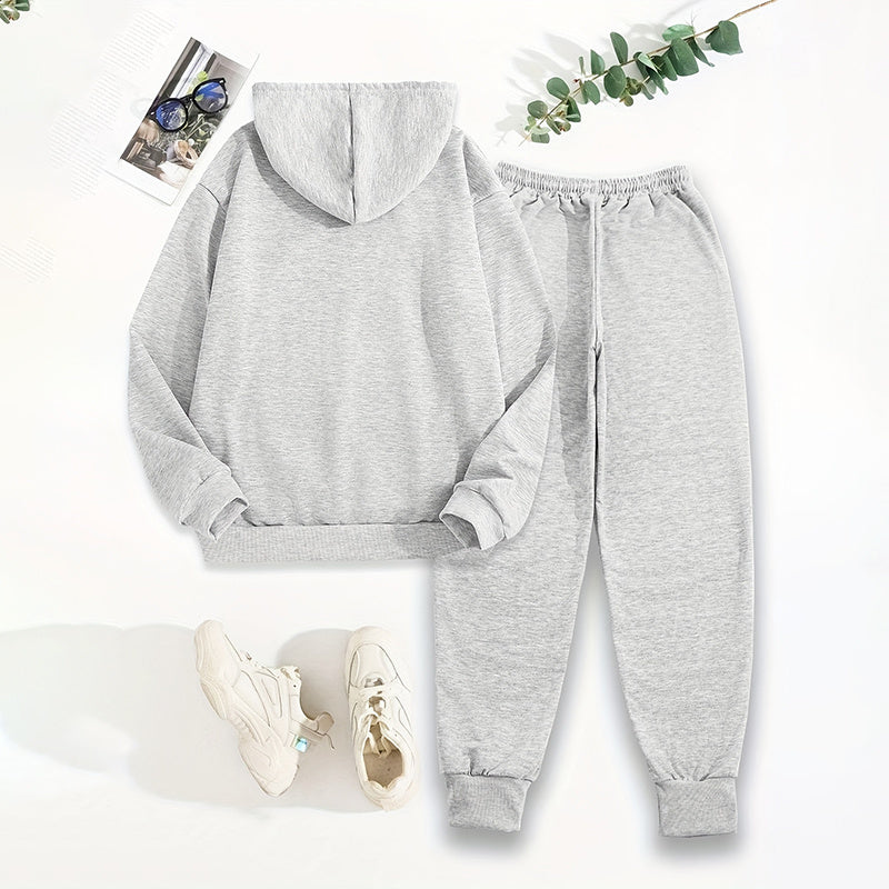 Women's Solid 2-Piece Set Letter Print Hoodie With Pocket FitiqueFit
