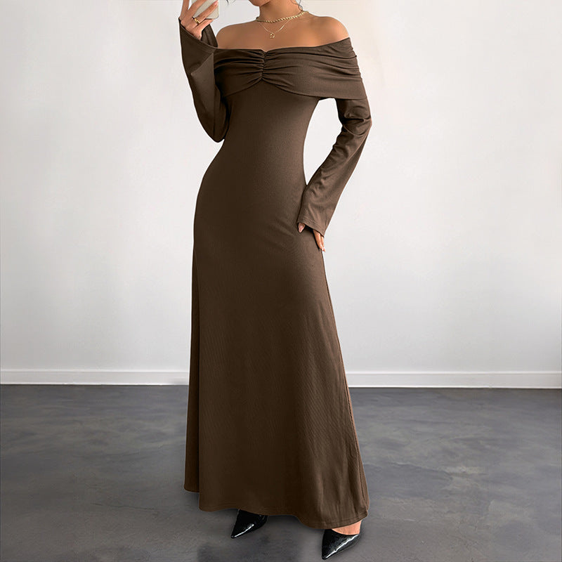 Brown Off-shoulder Slim Women's Dress Grayceful LLC