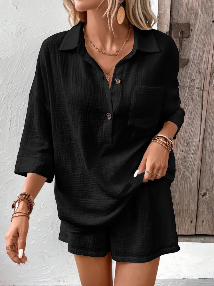Women's Lapel Collar Double-Panel Shirt & Shorts Two-Piece Set FitiqueFit