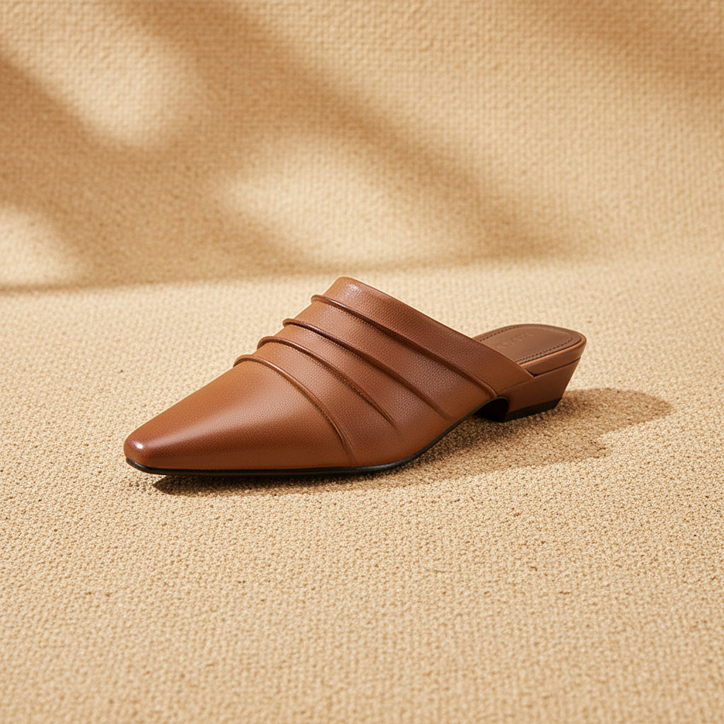Handmade Sheepskin Ruched Mule Slides – Square Toe Low Heel FitiqueFit