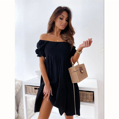 Casual One Word Collar Wrinkle Puff Sleeve Mid Dresses FitiqueFit