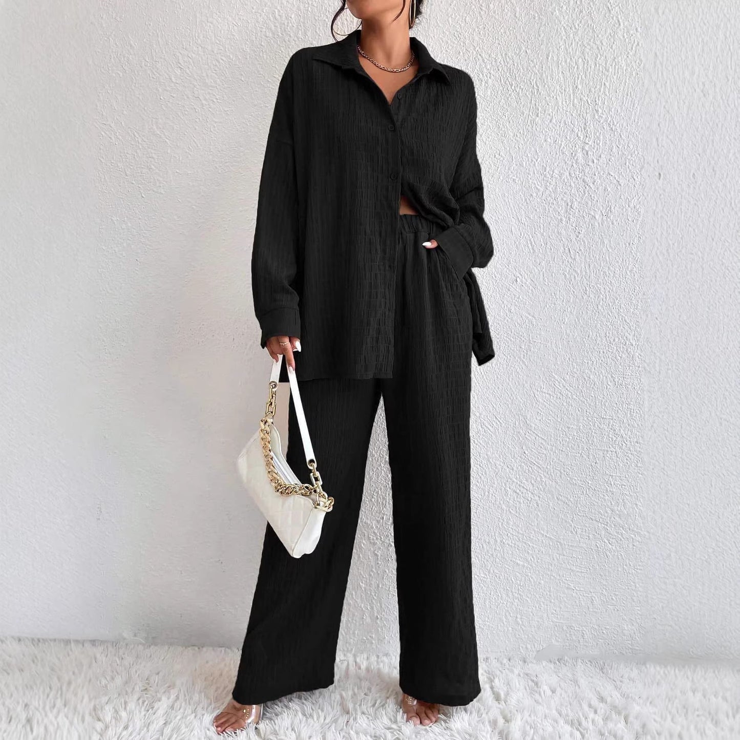 Women's Pleated Long Sleeve Lapel Two-Piece Set – Loose Top & Pants FitiqueFit