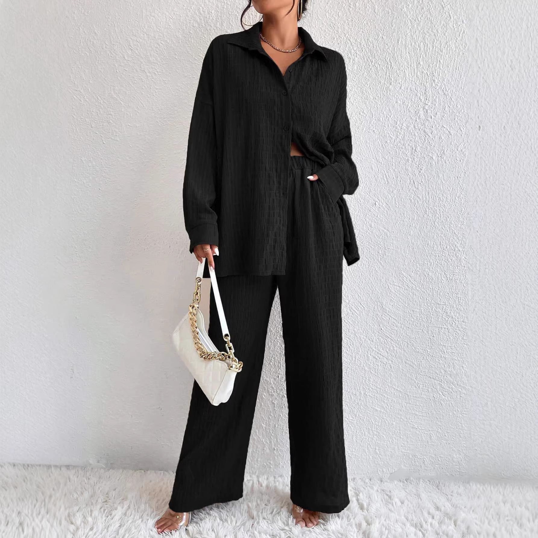 Women's Pleated Long Sleeve Lapel Two-Piece Set – Loose Top & Pants FitiqueFit