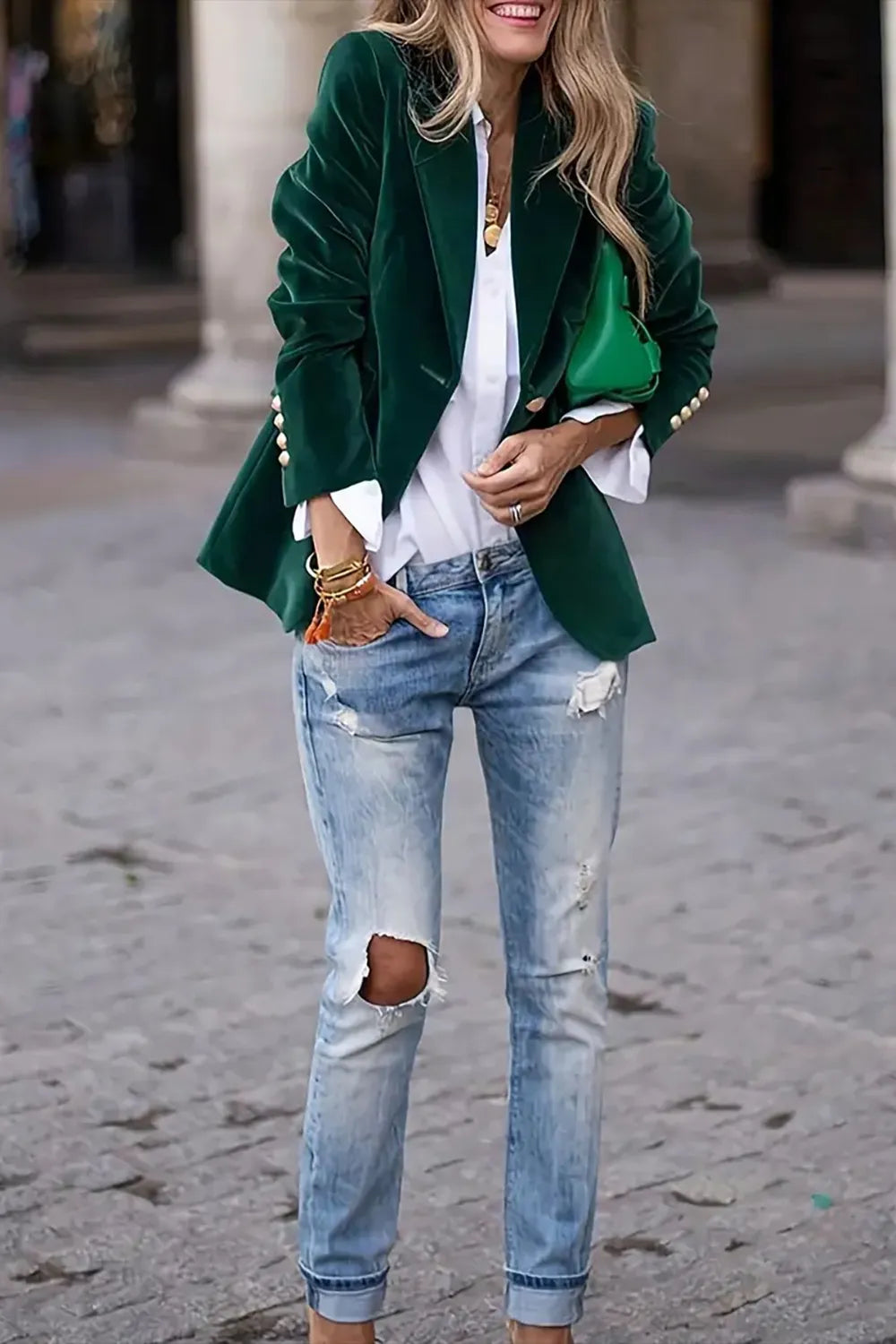 One-Button Lapel Collar Long Sleeve Blazer for Women FitiqueFit