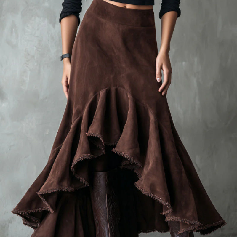 Western Brown High-Low Eco Suede Ruffle Maxi Skirt Grayceful LLC