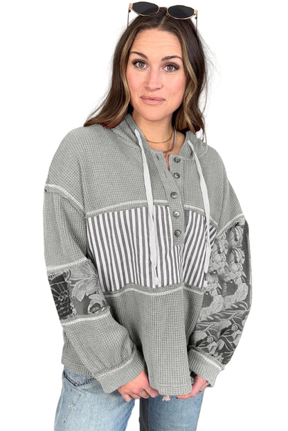 Gray Mixed Waffle Knit Patchwork Henley Plus Size Hoodie Garden Naked Curves
