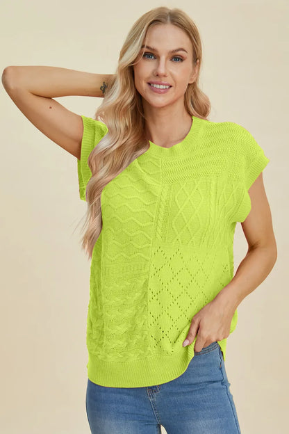 Double Take Full Size Cable-Knit Round Neck Cap Sleeve Sweater New Era Fashion LLc