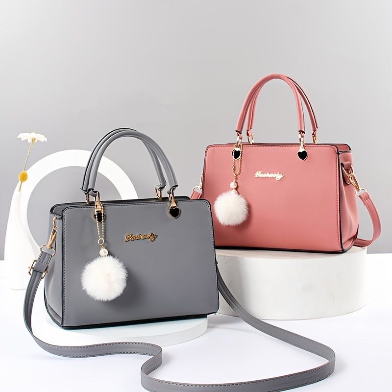 Solid Color Faux Leather Shoulder Bag - Detachable Strap, Zip Closure, Multi-Layer Crossbody Design, Polyester Lining, Fade-Resistant, Pom-Pom Pendant - The Perfect Holiday Gift for Valentine'S Day, Mother'S Day NovaCart