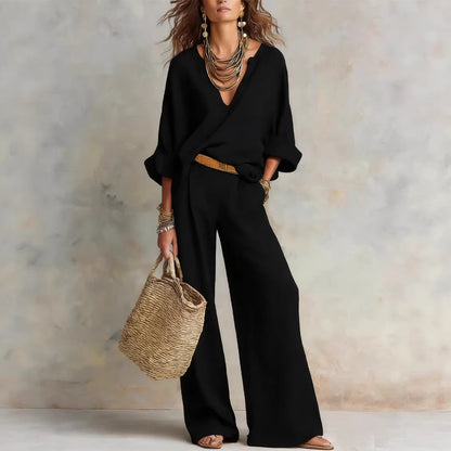Women's Casual Linen Vacation Set – Three-Quarter Sleeve Top & Full-Length Pants FitiqueFit