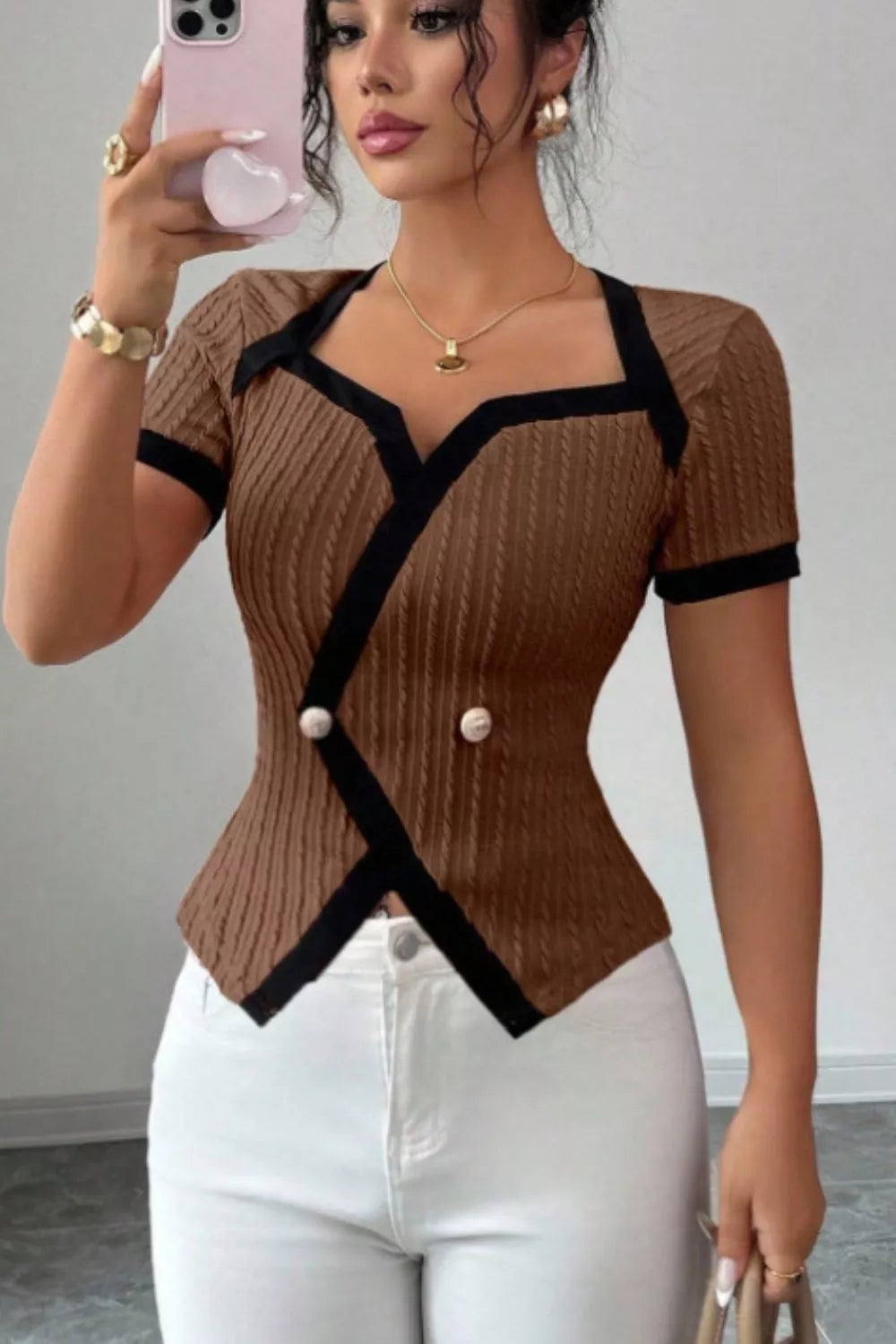 Contrast Trim Short Sleeve Top New Era Fashion LLc