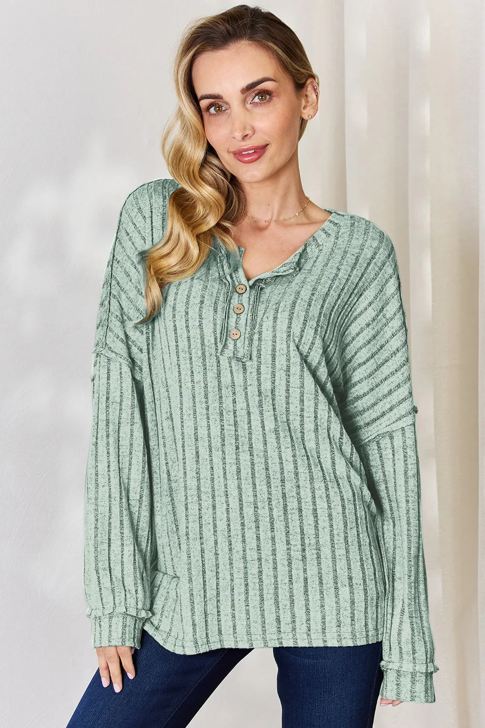 Basic Bae Full Size Ribbed Half Button Long Sleeve T-Shirt New Era Fashion LLc