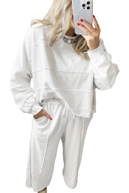White Textured Raw Seam Plus Size Pullover Top and Drawstring Pants Set Garden Naked Curves