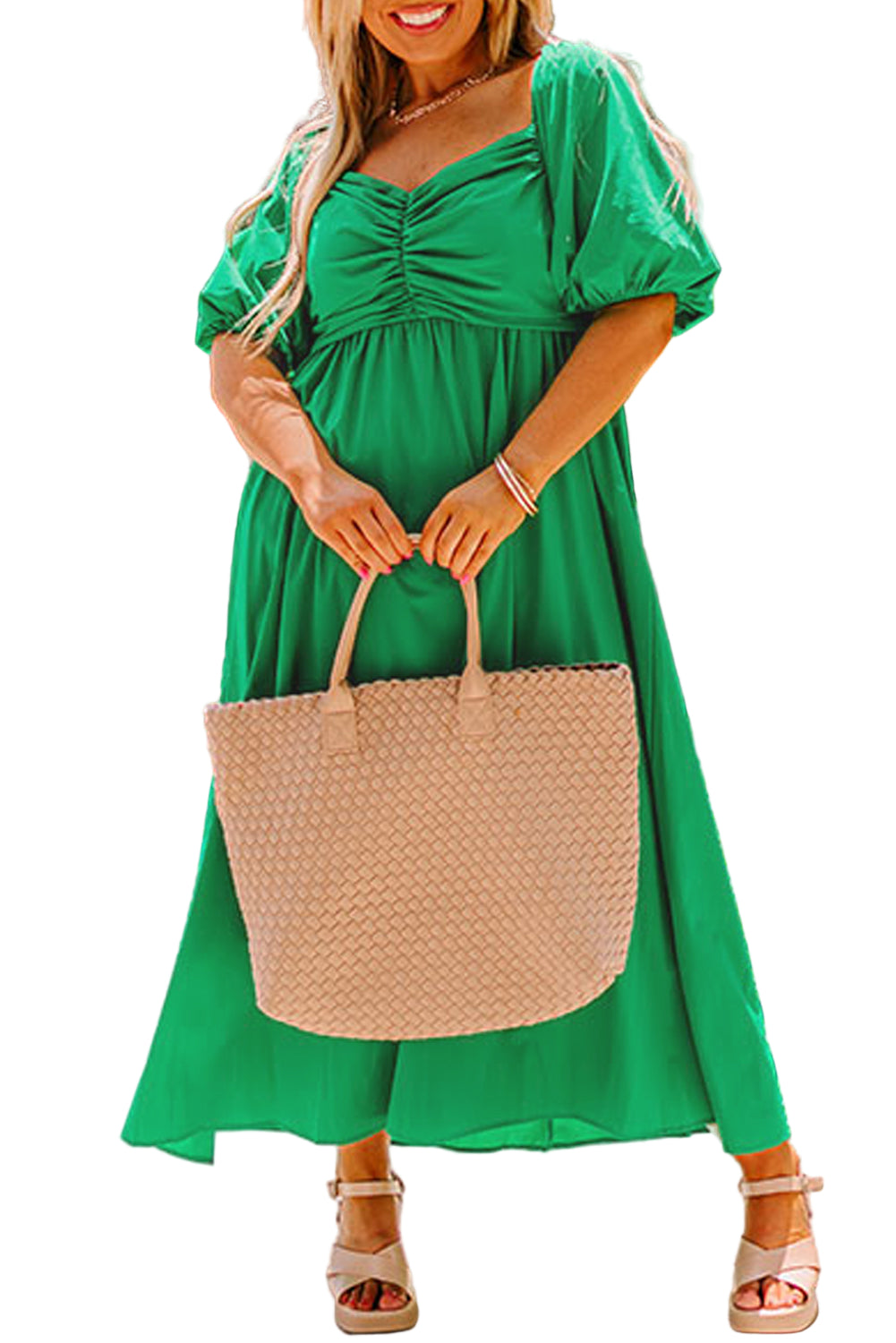 Bright Green Ruched Front Puff Sleeve Plus Size Long Dress Garden Naked Curves