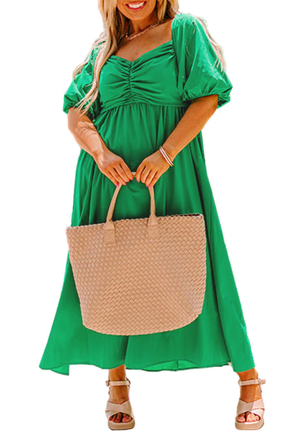 Bright Green Ruched Front Puff Sleeve Plus Size Long Dress Garden Naked Curves