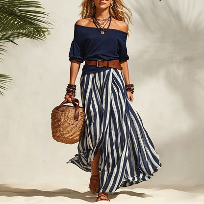 Women's Off-Shoulder Top & Slit Maxi Skirt Set FitiqueFit