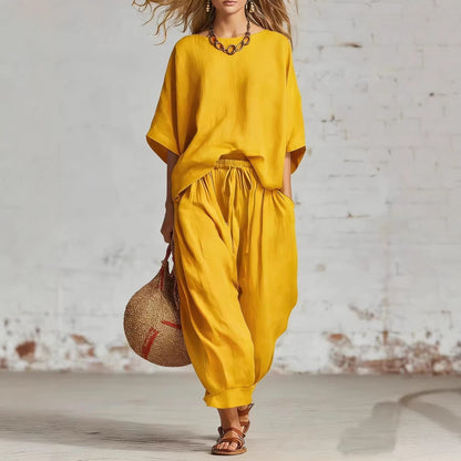 Women's Solid Color Loose Casual Set – T-Shirt & Ankle Pants FitiqueFit