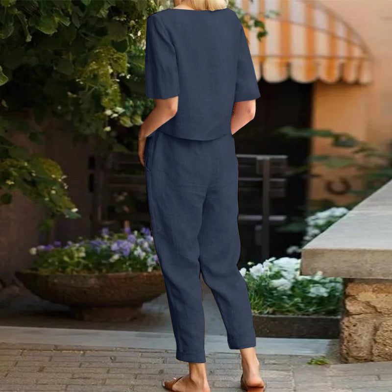 Wide-Leg Pants Two-Piece Set – Solid Color Casual Lounge Suit FitiqueFit