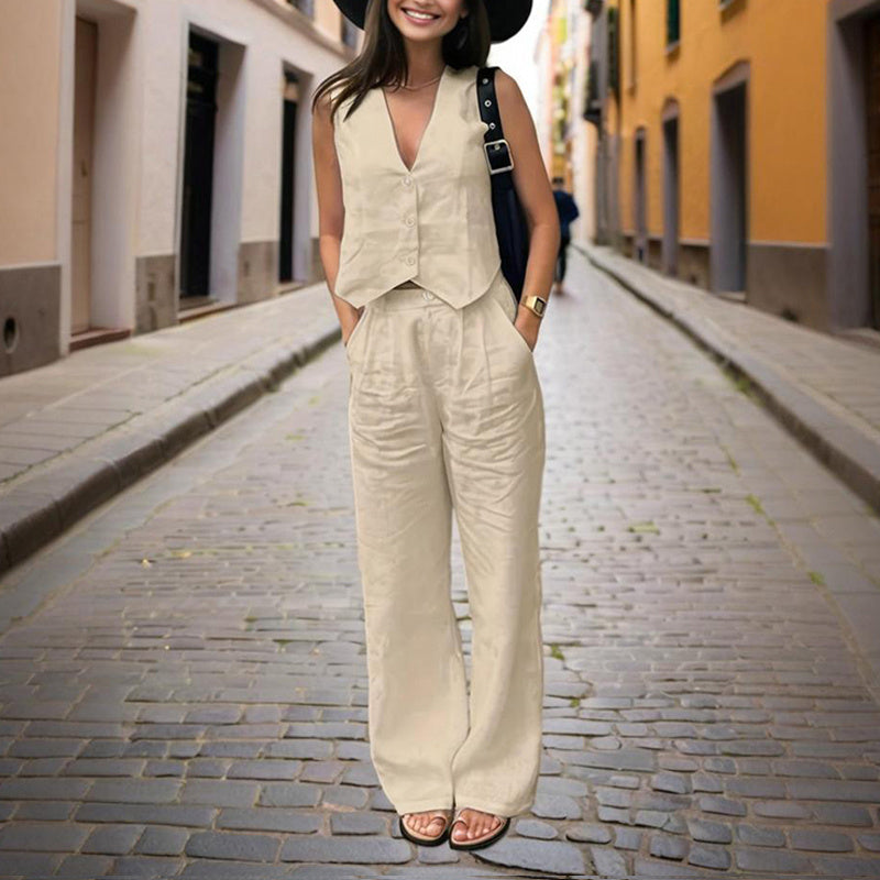 Women’s V‑Neck Button‑Front Vest & High‑Waist Pants Set FitiqueFit