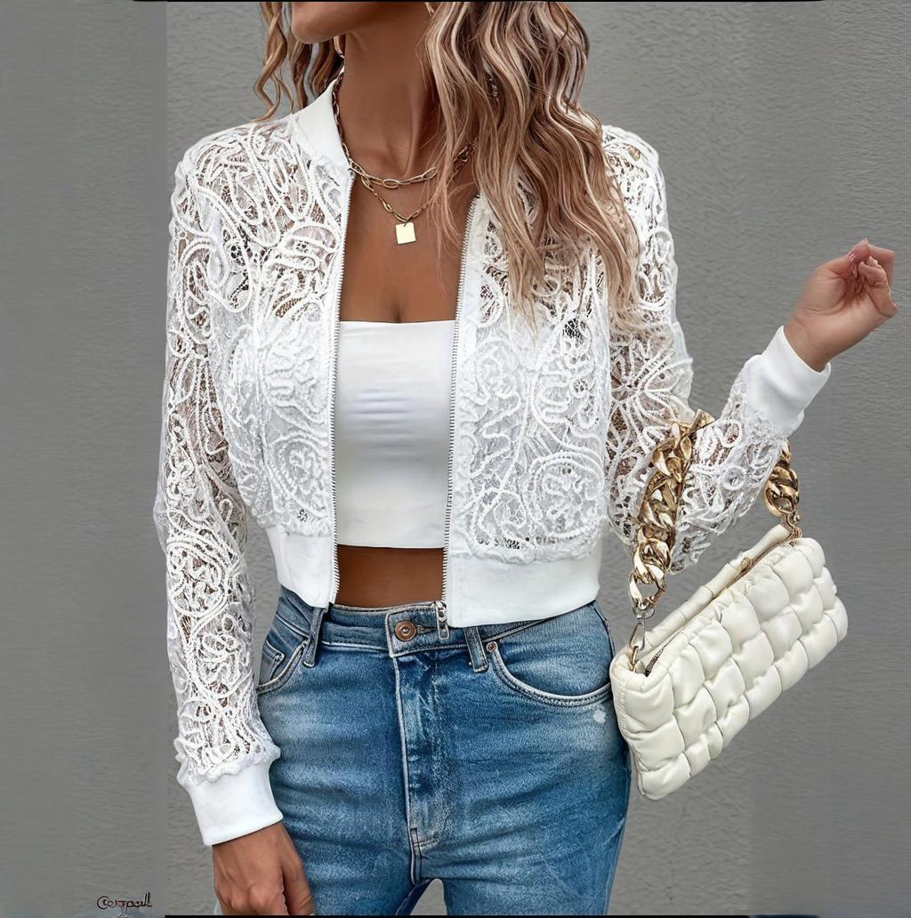 Women's Elegant Lace Short Zip-Up Long Sleeve Jacket Spring Fall Top FitiqueFit
