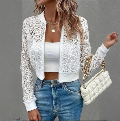 Women's Elegant Lace Short Zip-Up Long Sleeve Jacket Spring Fall Top FitiqueFit