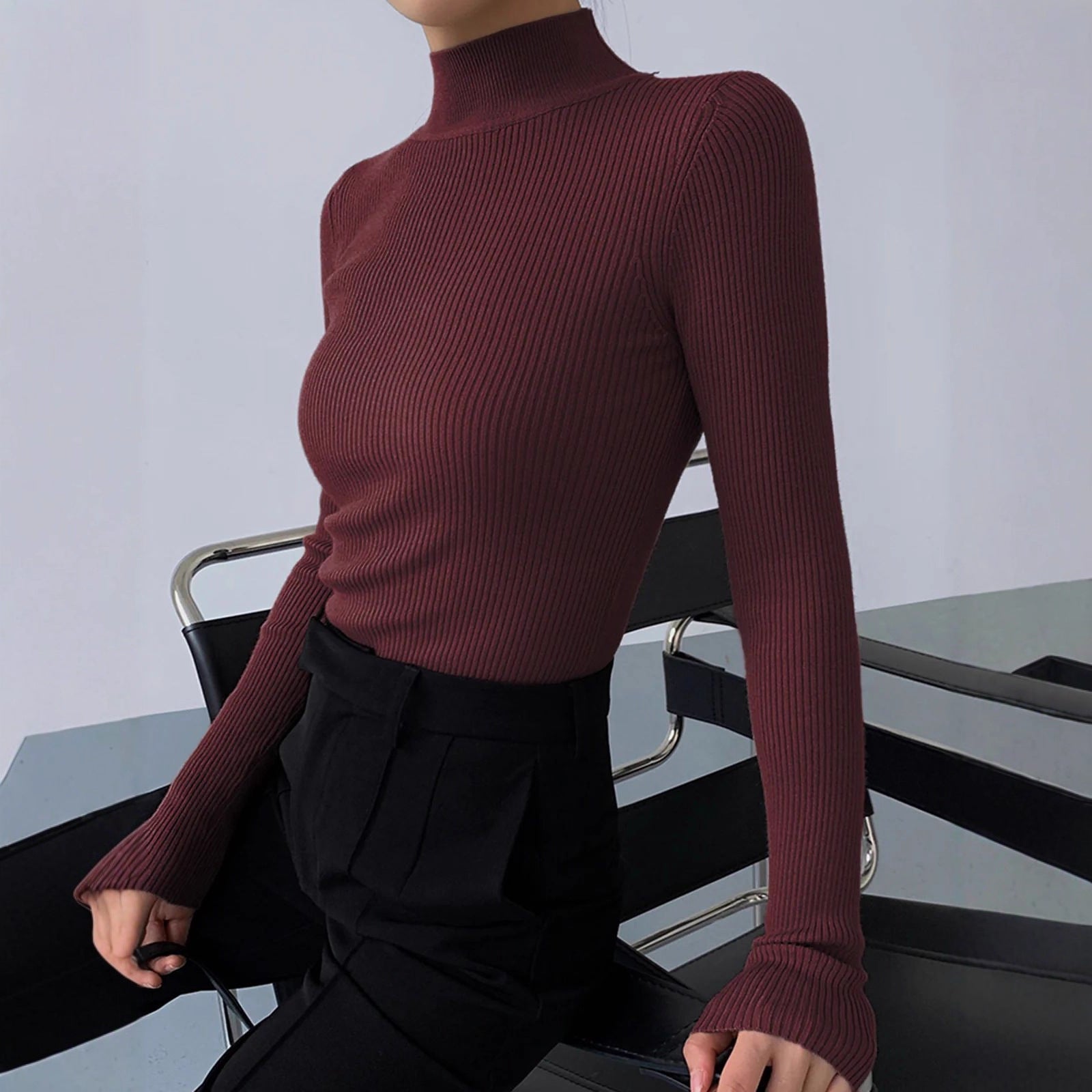 Women’s Tight Fit Crew Neck Knitted Top – Slim Sweater FitiqueFit