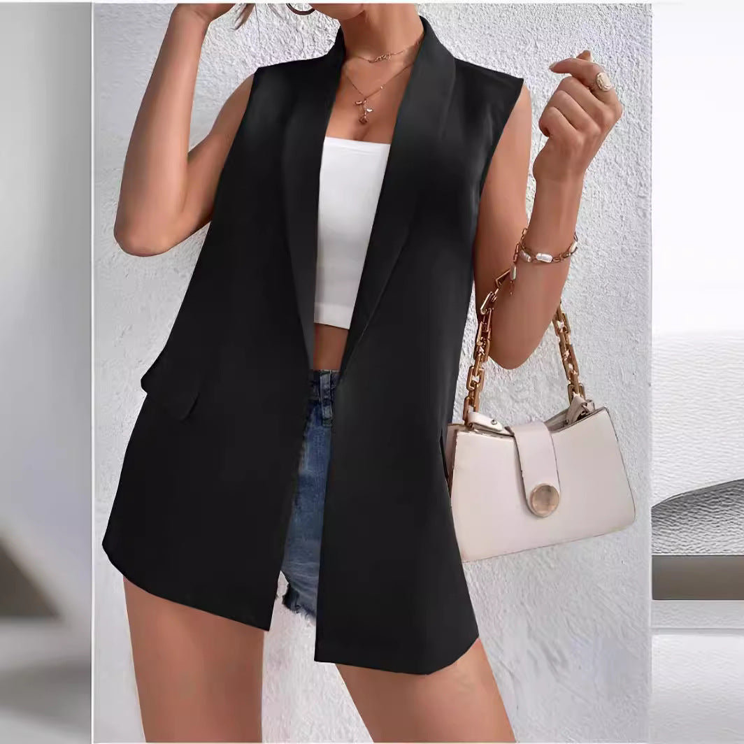 Women’s Mid-Length Suit Vest – Sleeveless Office Blazer FitiqueFit