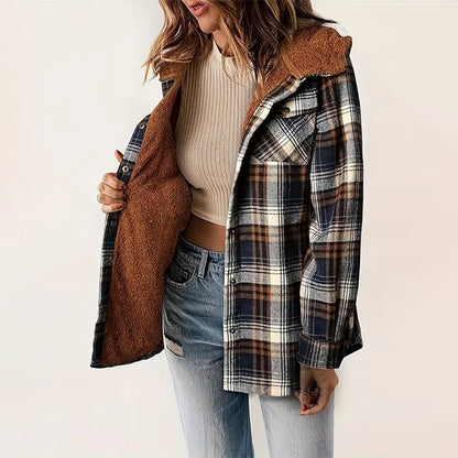 Women's Plaid Button-Up Long Sleeve Jacket FitiqueFit