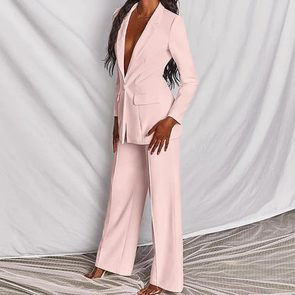 Lapel Button-Down Blazer & Straight-Leg Trousers Suit FitiqueFit