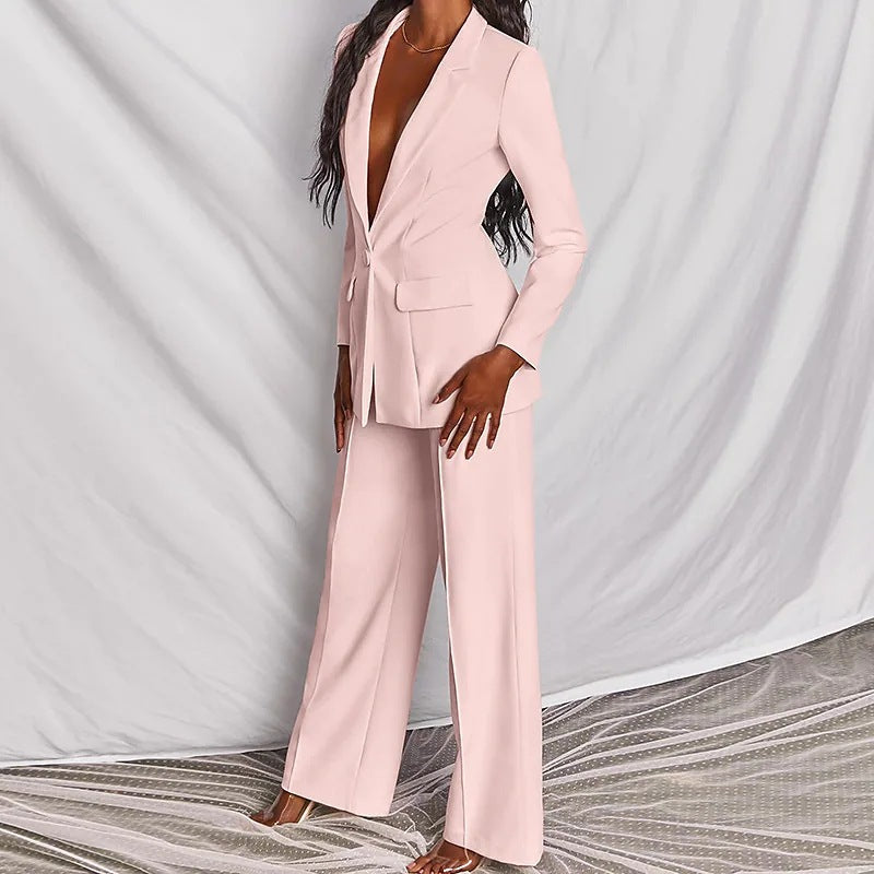 Lapel Button-Down Blazer & Straight-Leg Trousers Suit FitiqueFit