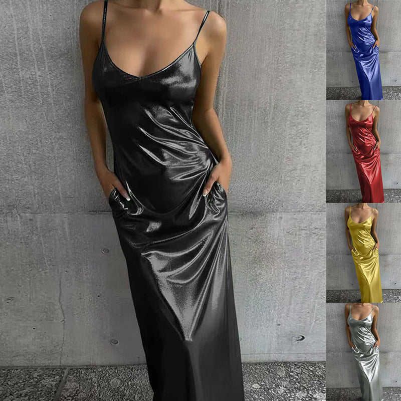 Textured Mirror-Finish U-Neck Slip Maxi Dress with Pockets FitiqueFit