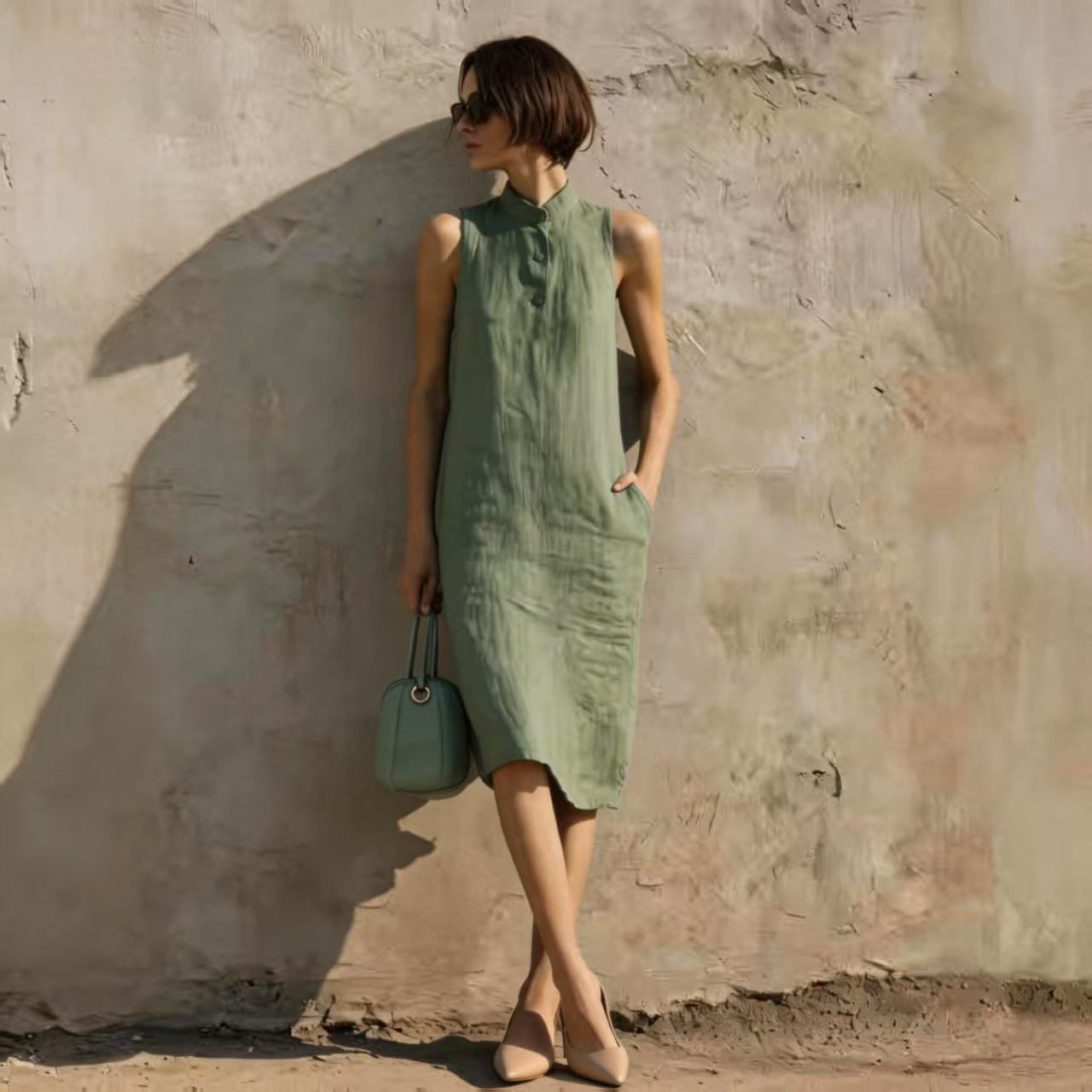 Women's Sleeveless A-Line Midi Dress – Solid Color Cotton Linen Casual FitiqueFit