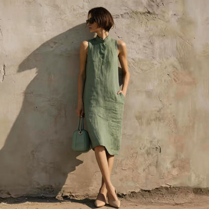 Women's Sleeveless A-Line Midi Dress – Solid Color Cotton Linen Casual FitiqueFit